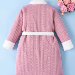 Mark & Mia Full Sleeves Winter Frock with Cable Knit Design & Pouch Attached Belt - Pink image 2