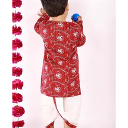 Little Bansi Full Sleeves Kantha Work Floral Print Kurta And Dhoti - Brown And White image 4