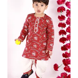 Little Bansi Full Sleeves Kantha Work Floral Print Kurta And Dhoti - Brown And White image 5