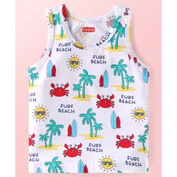 Babyhug Single Jersey Knit Sando Vests With Beach Theme Print Pack of 3 - Blue image 4