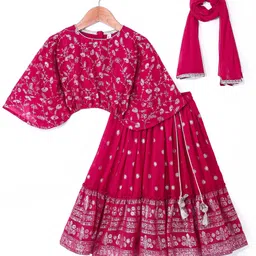 Babyhug Woven Three Fourth Sleeves Floral Foil Printed Bluson Choli Lehenga Set with Dupatta & Tassle Detailing - Hot Pink image 5