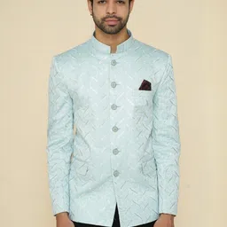 House of Pataudi Self-Design Mandarin Collar Tailored-Fit Pure Cotton Jodhpuri Blazer-image-5