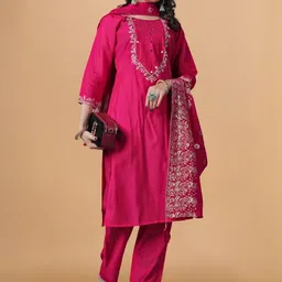 Moda Rapido Ethnic Motifs Embroidered Zari Straight Kurta With Trousers & Dupatta image 3