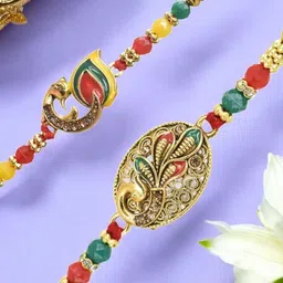 MEIRA JEWELLERY Set Of 2 Peacock Charm Rakhis With Greeting Card & Roli Chawal-picture-56