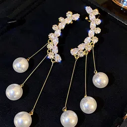 Krelin Korean Gold-Plated Stones Studded & Pearls Beaded Contemporary Tasselled Ear Cuff-picture-8