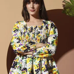 OTABU Women Floral Print Puff Sleeves Smocked Peplum Top-picture-22