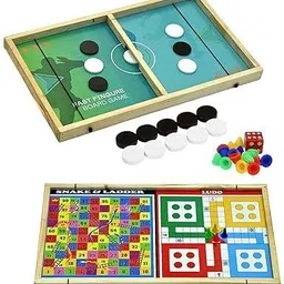 toyzaa 3-in-1 Wooden Board Game – Sling Puck, Ludo & Snakes & Ladders Air Hockey Board Game image 1