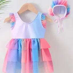 Kookie Kids Frill Sleeves Layered Detailing Frock Swimsuit - Blue & Pink-image-20