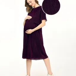 Bella Mama Knitted Shiny All Over Pleated Layered Maternity Dress -Purple-picture-23