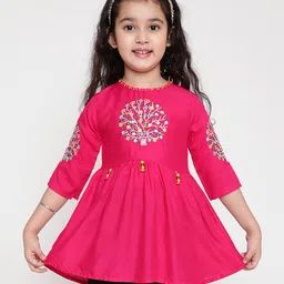 ISHTI Three Fourth Sleeves Floral Embroidered Top - Rani Pink-image-29