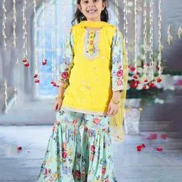 Little Bansi Girls Cotton Full Sleeves Kurta Sharara And Dupatta With Floral Print, Floral Embroidery, Lace & Rajasthani Lac Work - Yellow & Green-picture-12