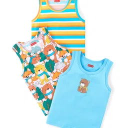 Babyhug Cotton Knit Sleeveless Sandos With Stripes & Bear Print Pack of 3 - Yellow & Turquoise-image-3