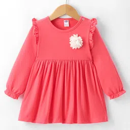 Zero Sinker Knit Full Peasant Sleeves Solid Colour Frock with Floral Applique -Coral-picture-10