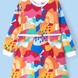 Babyhug Cotton Knit Full Sleeves Printed Frock with Belt - Multicolor-picture-28