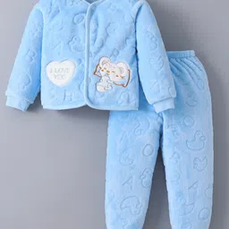 Kookie Kids Full Sleeves Winter Wear T-Shirt & Lounge Pant Set with Bear Patch- Light Blue-image-29