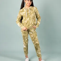 tweeny mini Cotton Full Sleeves Tie Dye Hoodie With Coordinating Track Pant Set - Sage Green-image-97