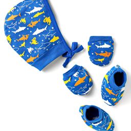 Doodle Poodle Interlock Knit Cap Mittens & Booties Set with Sea Life Print Blue- Diameter 13 cm-picture-26