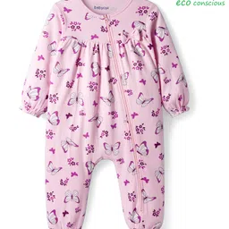 Babyoye 100% Cotton Knit Full Sleeves Side Zipper Romper with Eco Jiva Finish Butterfly Print & Bow Applique - Pink-picture-18