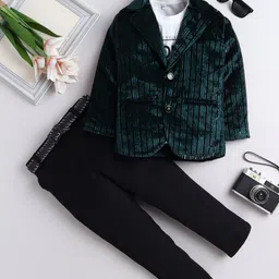Fourfolds Velvet Woven Full Sleeves Hope Text Printed Tee & Pant With Foil Striped Blazer Set - Green-picture-23