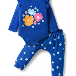 Doodle Poodle Interlock 100% Cotton Knit Full Sleeves Onesie & Diaper Leggings With Floral Print - Navy Blue-picture-32