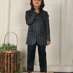 P-MARK Cotton Woven Full Sleeves Abstract Embroidered Sequins Embellished Jodhpuri Kurta Pant Set - Firozi-picture-22