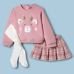 Little Kangaroos Cotton Knit Full Sleeves Winter Wear Sweatshirt Skirt & Leggings Set with Reindeer Applique & Check with Sequin Detailing - Pink & White-image-41