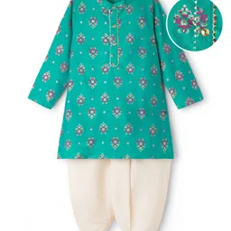 EARTHY TOUCH Viscose Woven Full Sleeves Kurta Dhoti Set With Floral Print - Teal Blue image 2