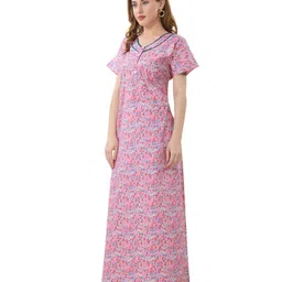 Piu Cotton Woven Half Sleeves Floral Printed Plus Size Maternity Nighty With Nursing Access - Pink image 4