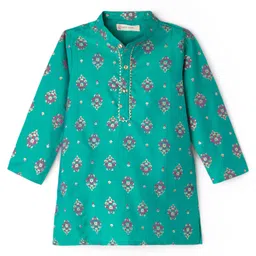 EARTHY TOUCH Viscose Woven Full Sleeves Kurta Dhoti Set With Floral Print - Teal Blue image 3
