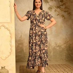 DECKEDUP Floral Printed A-Line Cotton Midi Dress image 2