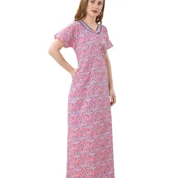 Piu Cotton Woven Half Sleeves Floral Printed Plus Size Maternity Nighty With Nursing Access - Pink image 5
