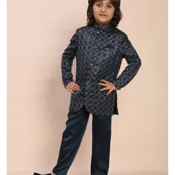 P-MARK Cotton Woven Full Sleeves Abstract Embroidered Sequins Embellished Jodhpuri Kurta Pant Set - Firozi image 5