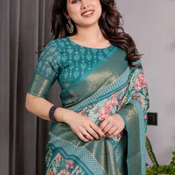 ALMAARI FASHION Floral Printed Zari Pure Cotton Banarasi Saree With Woven Design Border image 4