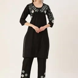 MISRI Women Floral Embroidered Thread Work Pure Cotton Kurta with Trousers-image-9