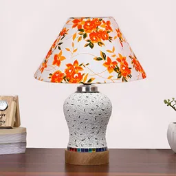 Devansh White & Orange Floral Printed Frustum Shaped Wooden Table Lamp image 4