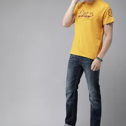 Roadster Men Yellow Printed Round Neck Pure Cotton T-shirt image 5