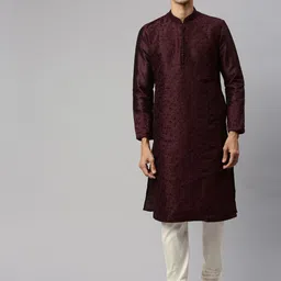Manyavar Men Burgundy Embroidered Kurta with Churidar-picture-28