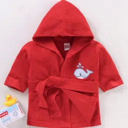 Babyhug Cotton Full Sleeves Whale Embroidery Hooded Bath Robe - Red-image-97