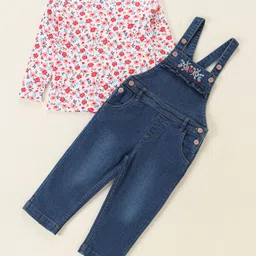 Babyhug Denim Floral Embroidery Dungaree with Cotton Full Sleeves Floral Print Top --image-38