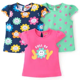 Babyhug Cotton Knit Cap Sleeves Floral & Text Printed T-Shirts Pack of 3 - Pink Green & Navy Blue-image-67