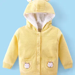 Babyhug Knitted Full Sleeves Hooded Front Open Sweater with Fox Applique - Yellow-picture-11