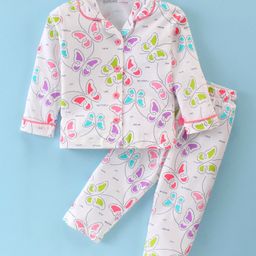 Doreme Single Jersey Knit Full Sleeves Night Suit Butterfly Print - White-image-38