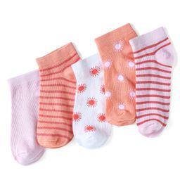 Honeyhap Premium Cotton Bamboo Spandex With Bio Finish Striped & Designed Socks Pack of 5 - Peach Nectar Bright White & Pink Salt-picture-11