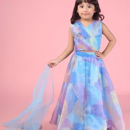 Titrit Organza Sleeveless Water Colour Effect Design & Lace Embellished Lehenga Choli With Dupatta - Blue-picture-28