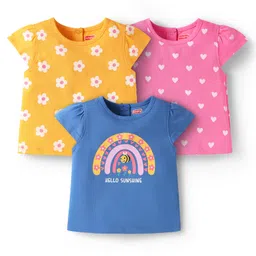 Babyhug Cotton Knit Cap Sleeves T-Shirts with Floral Hearts & Rainbow Print Pack of 3 - Yellow Blue & Pink-picture-15