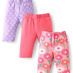 Babyhug Cotton Lycra Knit Three Fourth Length Leggings With Floral Print Pack of 3 - Dark Pink Lavender & Peach-picture-21