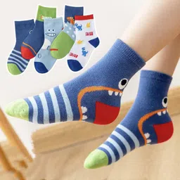 Kidofash Cotton Pack Of 5 Striped & Dinosaur Designed Socks - Green & Blue image 1