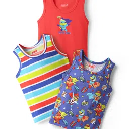 Babyhug 100% Cotton Single Jersey Knit Sleeveless Sando With Stripes & Dino Print Pack Of 3 - Red & Navy Blue-picture-17