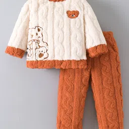 Mark & Mia Full Sleeves Winter Wear Night Suit With Bear & Cable Knit Design - Brown & Cream-picture-11