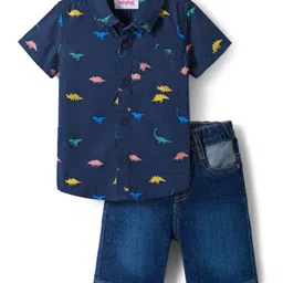 Babyhug Cotton Woven Half Sleeves Shirt & Denim Shorts Set With Dino Print - Blue-picture-27